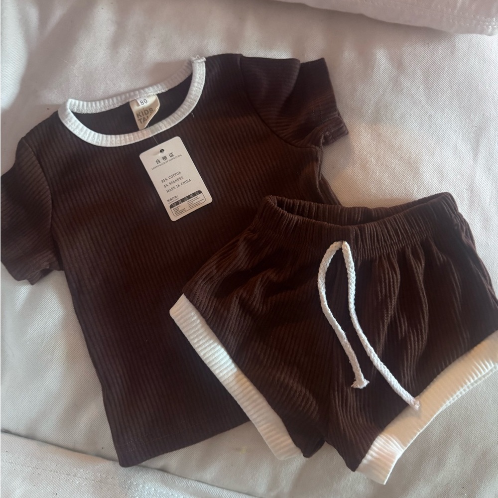 Brown Ribbed Toddler Outfit with White Trim